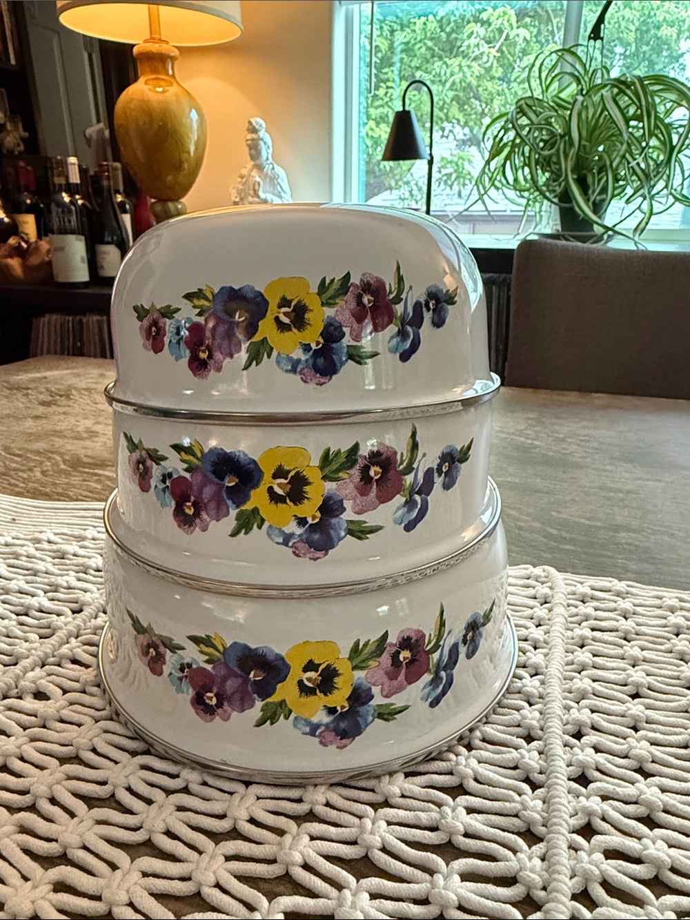 Vintage GMI Enamelware Pansy Floral Cottagecore Nesting Mixing Bowls Set of 3